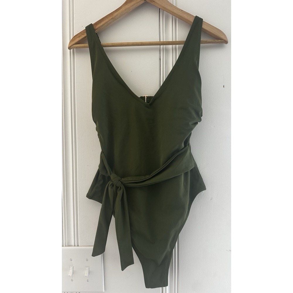 Olive Green One Piece Swimsuit Medium Wrap Tie Waist Flattering Minimalist